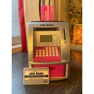 Pink Kids Talking ATM Machine - Realistic Savings Bank w/ Debit Card & Timer